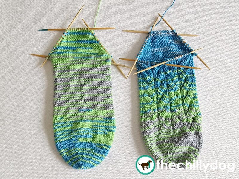 The first half of a shadow wrapped short row sock heel.