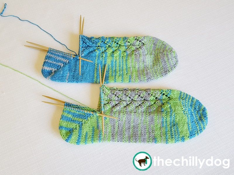 The second half of a shadow wrapped short row sock heel.