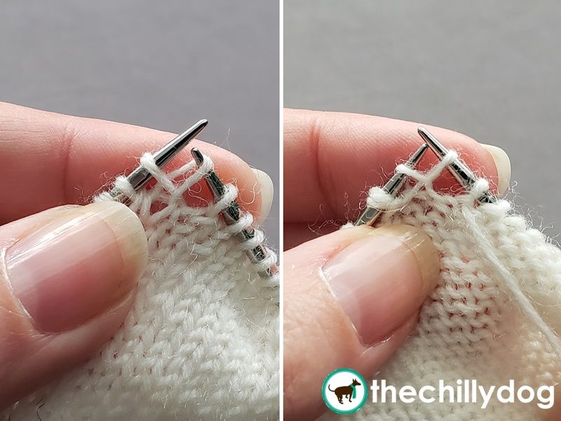 A short row turning stitch where two loops emerge from one lower stitch.